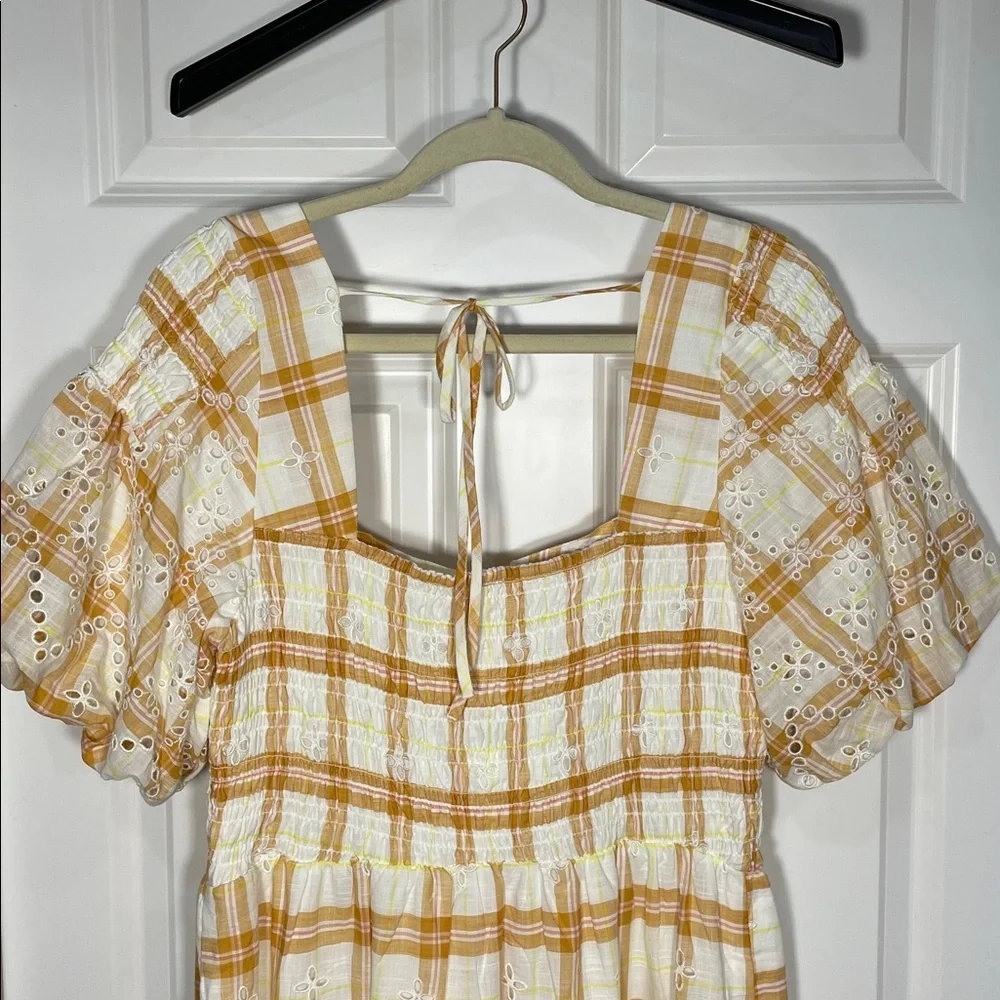 Anthropologie Puff-Sleeve Eyelet Midi Dress Size Large Smocked Plaid Yellow - Picture 11 of 17